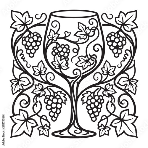 Art Nouveau Style Botanical Illustration of a Wine Glass Entwined with Ornamental Grapevine Leaves and Floral Whiplash Curves