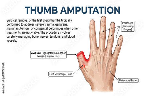 Medical Illustration of Thumb Amputation Anatomy and Surgical Procedure Site Markers