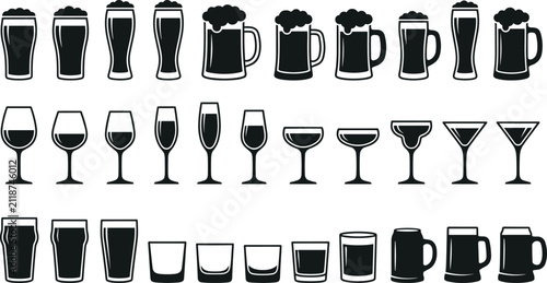 Cuadro en lienzo Alcohol Glass and Beer Mug Icon Set Featuring Cocktail Glasses, Wine stems, and