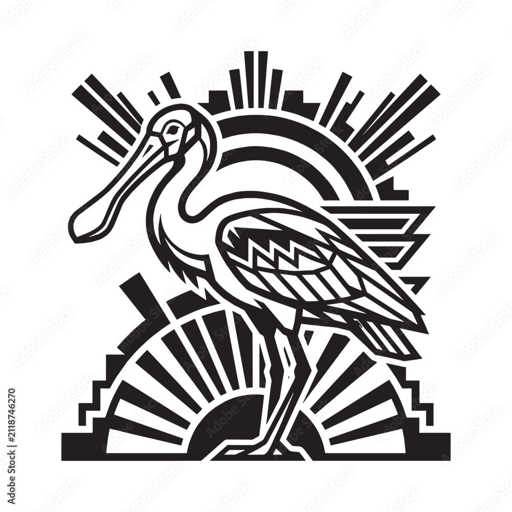 Obraz premium Art Deco Geometric Spoonbill Bird Illustration, Luxury Ornamental Vintage Style Graphic Design in Black and White
