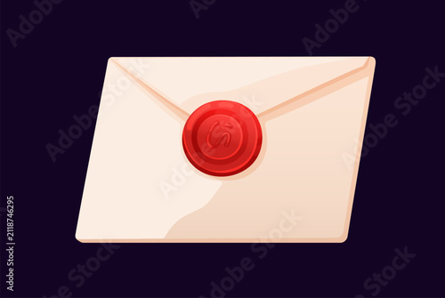 Envelope closed with wax seal, game interface icon. Letter, paper mail and me...