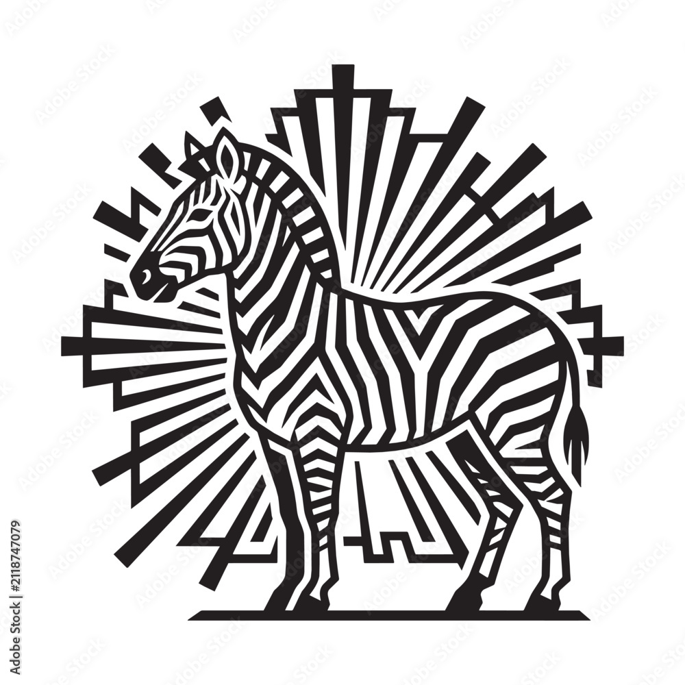 Obraz premium Art Deco Zebra Illustration with Geometric Sunburst Background, Luxury Vintage Ornamental Vector Graphic