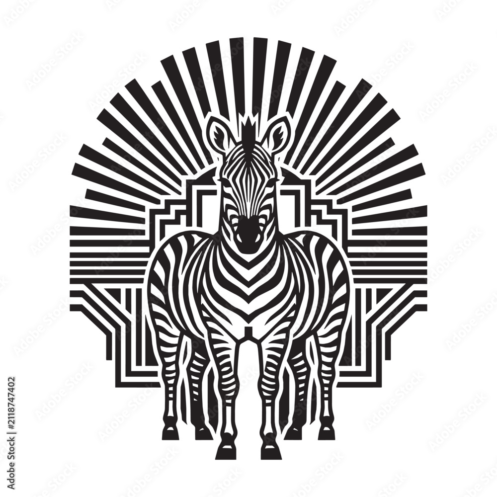 Obraz premium Art Deco Zebra Graphic Illustration with Geometric Sunburst Background, Luxury Ornamental Vintage Style Animal Art for Logo and Posters