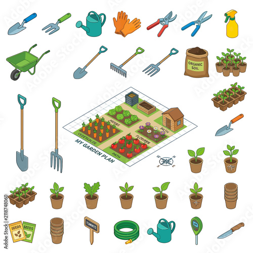 Gardening Tools and Plant Growth Isometric Illustration