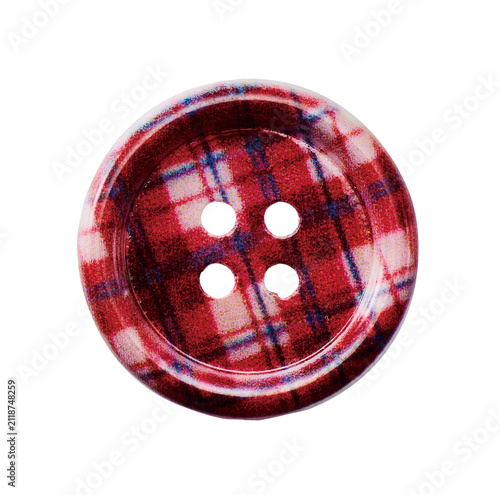 Round glittery red navy plaid sewing button isolated on white background