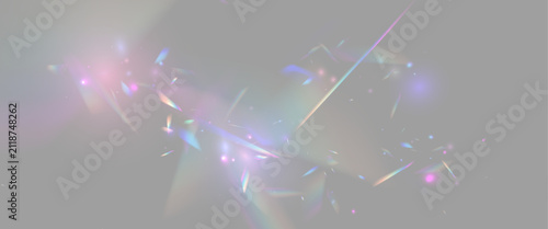 Diamond crystal prism glows beneath neon rainbow light beside glass glitter. PNG vector lens records sparkle with sharp glare and glowing flare effect. Refractions intensify brilliance.	
