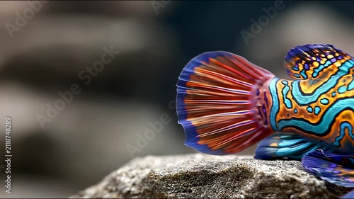 A close-up view of a vibrant mandarinfish displaying its iridescent blue and orange patterns as it hovers near a textured rock.
