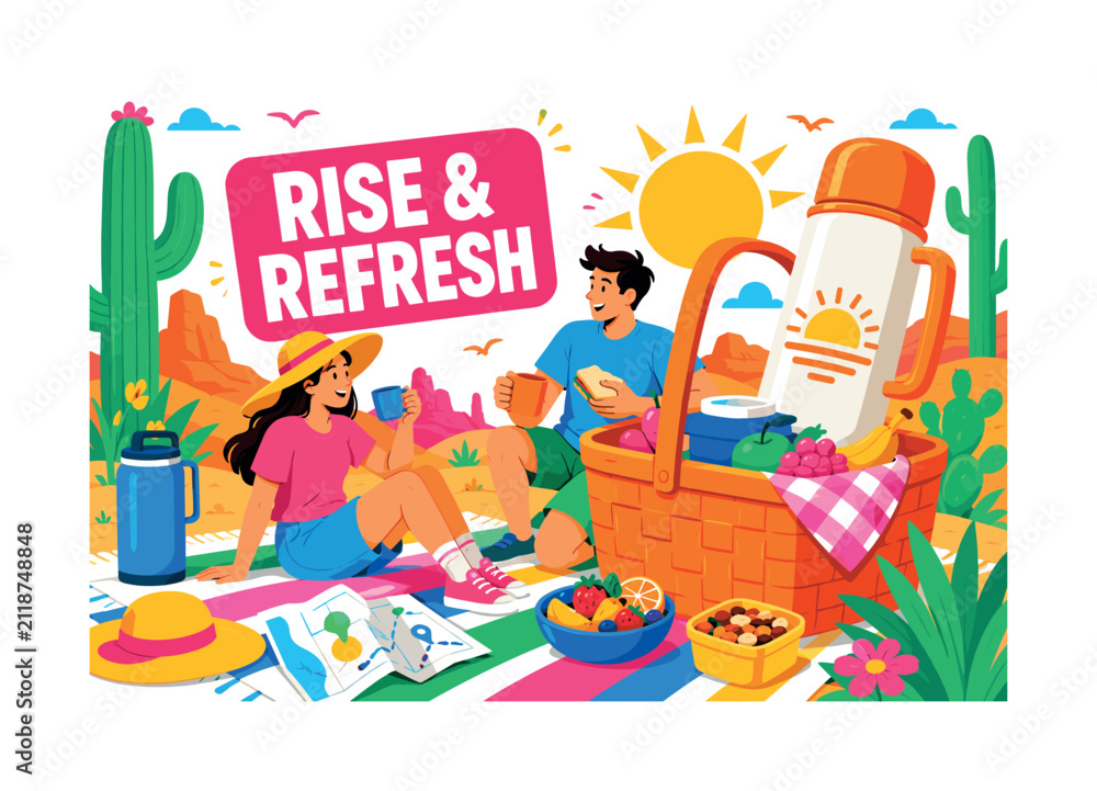 Fototapeta premium Desert Sunrise Picnic banner showing two expressive road-trippers enjoying an early heat-safe picnic stop, with an oversized picnic basket and oversized sunrise thermos, plus sun hat, folded map,