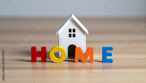 Colorful HOME letters beside miniature white house model