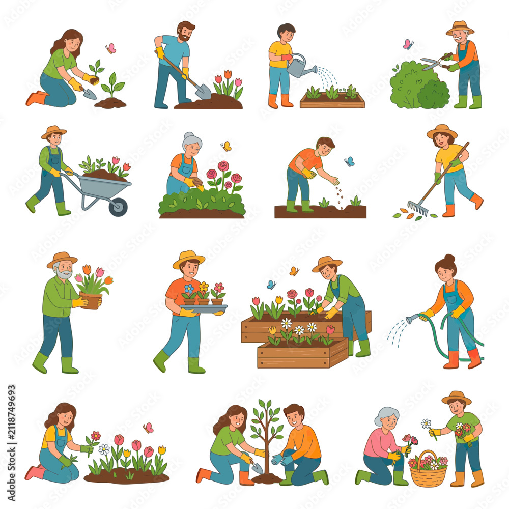 Fototapeta premium People Gardening and Planting Flowers in Spring