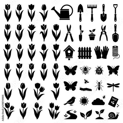 Gardening Tools and Flowers Icon Set