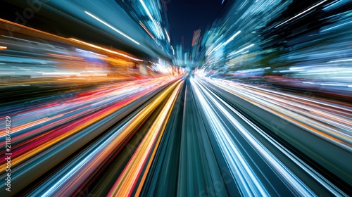Abstract light streaks of city traffic at night blurring motion blur