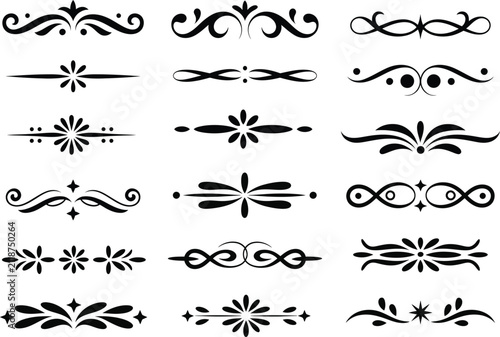 Set of flourish ornaments and decorative swirls Text dividers, wedding. Ornate, fancy elegant page Separators design elements, Ornamental scrolls Border