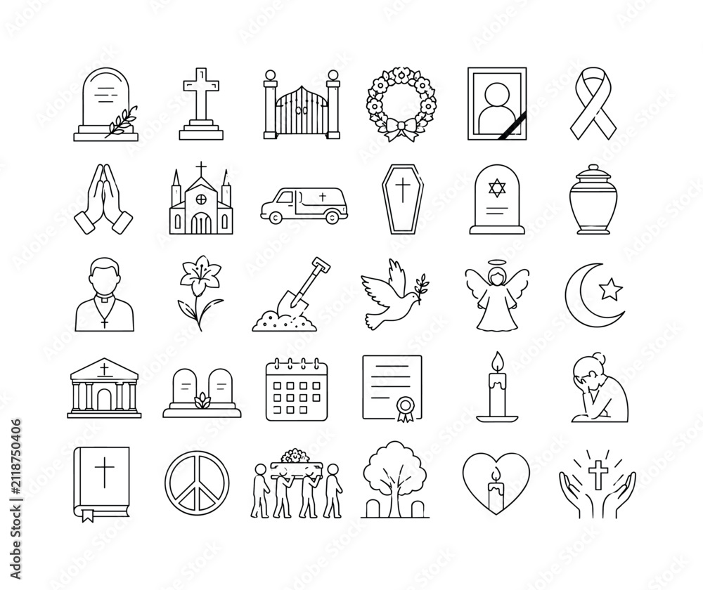 Fototapeta premium Funeral Memorial Services, line icon set, create exactly 30 editable thin outline icons arranged in a 6x5 grid: tombstone, grave cross, cemetery gate, funeral wreath, memorial portrait, mourning