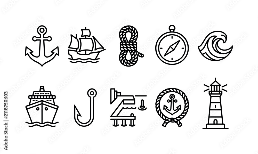 Fototapeta premium Nautical Travel Marks, line icon set featuring anchor, ship, rope, compass, ocean wave, cruise ship, fishing hook, harbor, sailor badge, lighthouse, covering sailing, maritime travel, ports, fishing,