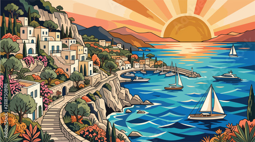 фотографія Luxury Mediterranean Coastal Resort with White Cliffside Villas Flat Vector Illu