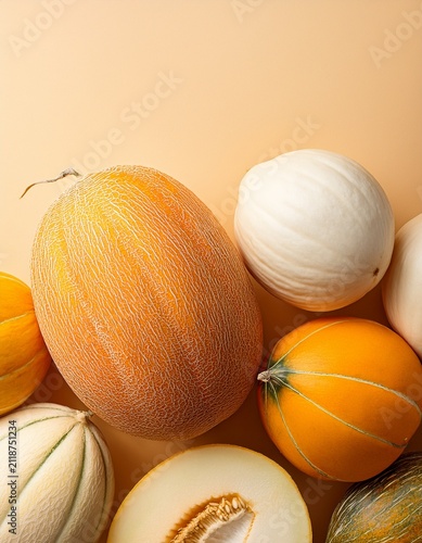 Top view of white and orange melons, whole and sliced, on pale yellow background with copy space