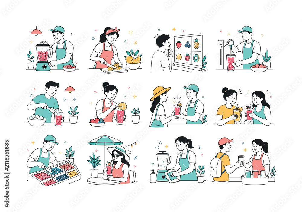 Fototapeta premium Frozen Fruit Mocktail Bar. Alcohol-free drinks, summer festivals, frozen fruit, cooling beverages, healthy refreshment, outdoor bars, and colorful mocktails. 12 minimalist editorial vector scenes: