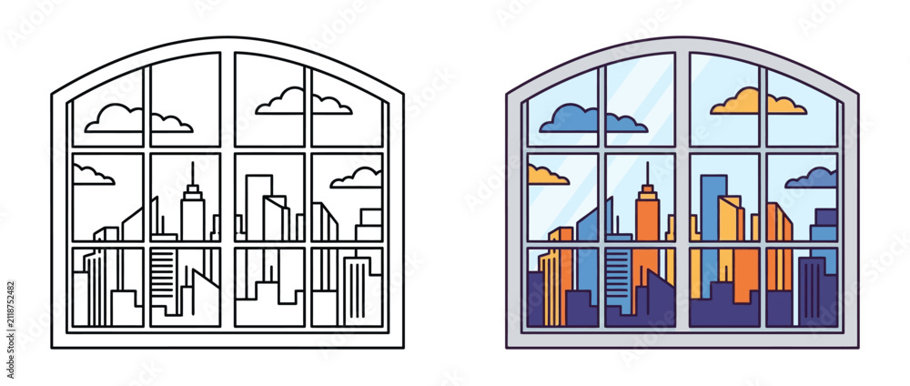 Obraz premium Arched window view with city skyline illustration