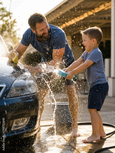 Father and son washing car together outdoors on a sunny summer day, laughing and playing