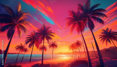 Palm Trees Glow Orange Sky Turns Pink Bright Unreal Colors Feels Like Summer Vacation
