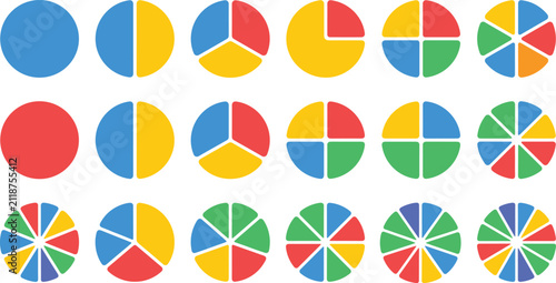 Colorful pie charts set with geometric fraction circles and mathematical percentage diagrams for education.