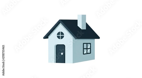 Small white house with black roof.