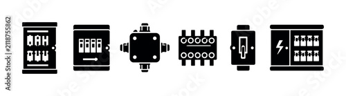 Electrical Fuse Boxes, solid glyph icon set with 6 fully filled black glyph icons featuring fuse panel, circuit breaker box, junction box, terminal panel, switch box, electrical distribution board,