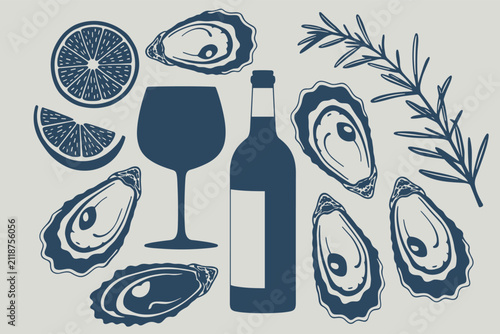 Bild auf Leinwand Flat of oysters, a wine bottle, a wine glass, lemon slices, and a sprig of rosem