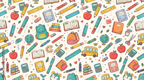 Seamless pattern with cute pixel art school supplies like pencils books apples and bags for education theme design projects on a light background for kids and students back to school collection