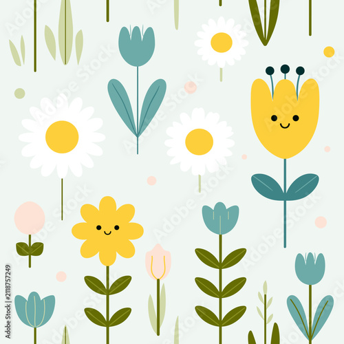 Cute Scandinavian Yellow Tulip with Daisies and Spring Flowers Seamless Vector Pattern