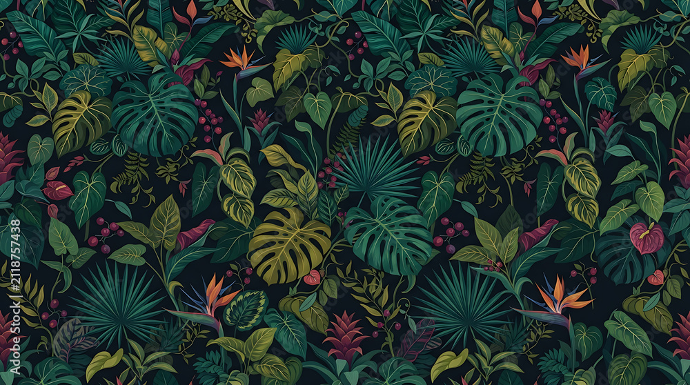 Fototapeta premium Seamless pattern with dark jungle tropical leaves and colorful exotic flowers in a dense forest design for textile fabric wallpaper wrapping paper and surface decoration background artwork