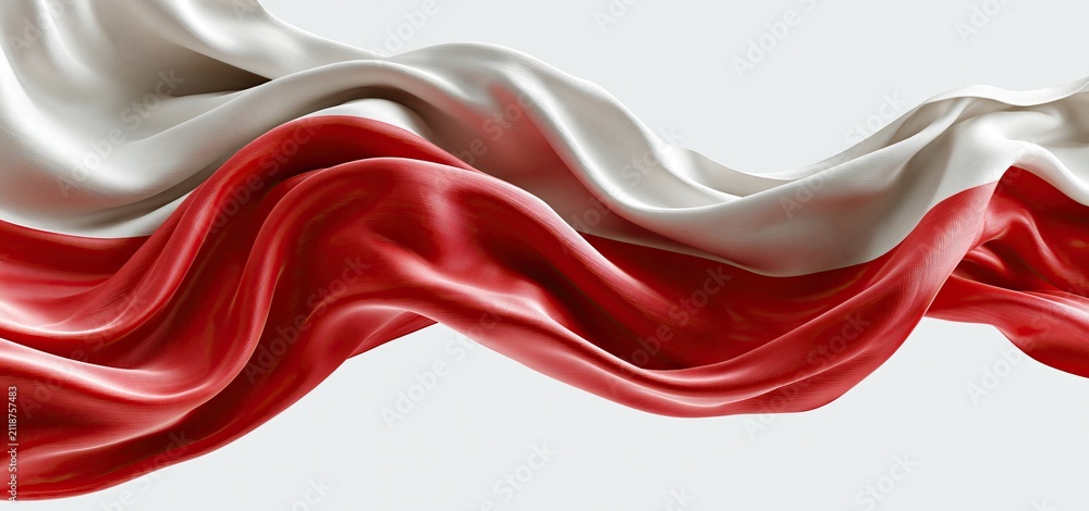 Obraz premium A vibrant Polish flag waves gracefully against a neutral background, symbolizing national pride and unity.
