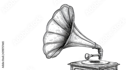 Vintage gramophone with detailed horn and classic phonograph player illustration antique music equipment isolated on white background