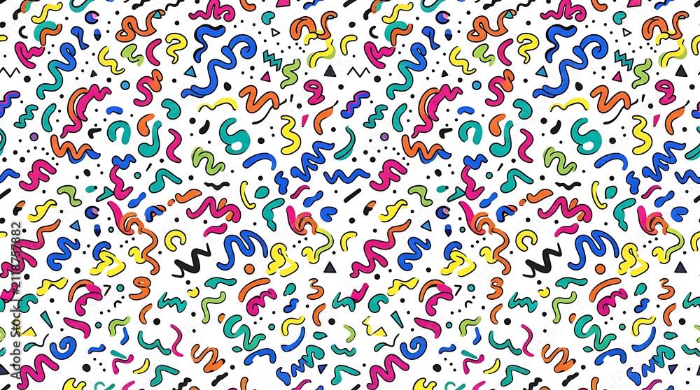 Colorful abstract seamless pattern with small geometric shapes and squiggly lines in a retro eighties style design for creative digital backgrounds or fun textile prints and wrapping paper textures