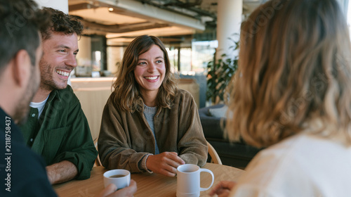 Friends Laughing and Chatting Around a Wooden Table over Coffee