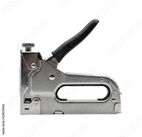 Foto Heavy duty staple gun with black grip and metal body on white background