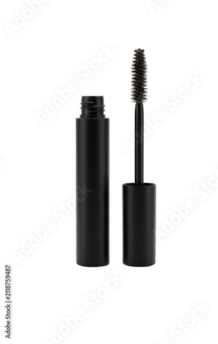 Foto Black mascara tube and wand with brush applicator for eye makeup