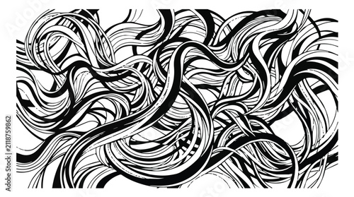 black and white abstract swirling lines with glossy curved shapes dynamic pattern for design