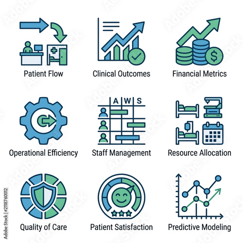 Creative Infographic Showing Key Healthcare Metrics with Icons Arrows and Colorful Visuals for Analytics and Management