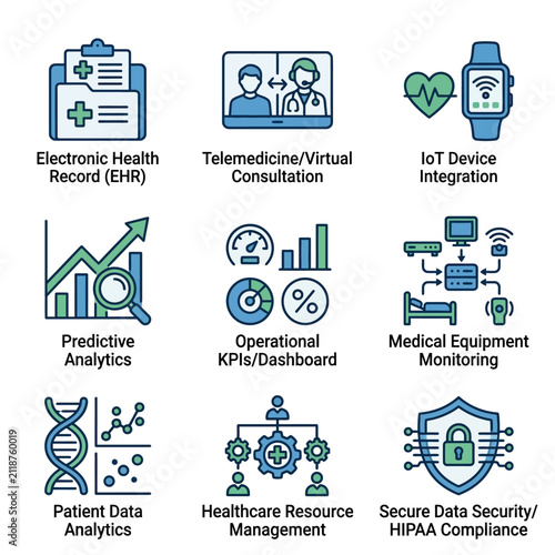 Creative Digital Showcasing Key Healthcare Tech Solutions with Icons Featuring EHR Telemedicine IoT Devices Analytics Security