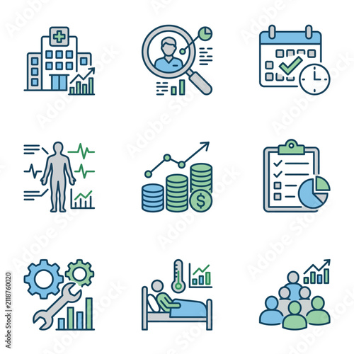 Professional Medical Analytics and Healthcare Management Infographic Icons in Blue and Green Color Scheme