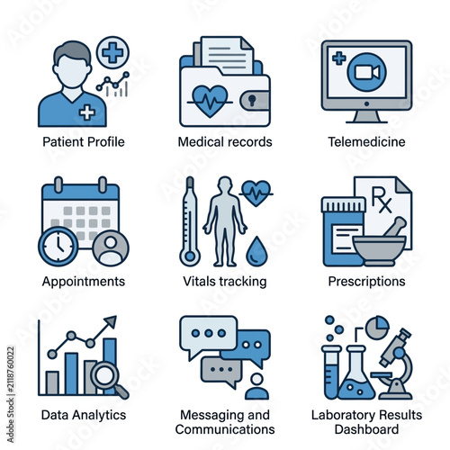 Dynamic Healthcare Management Icons Showcasing Patient Profile Medical Records Telemedicine Appointments Vitals Tracking Prescriptions Data Analytics Messaging and Lab Results in Blue and White