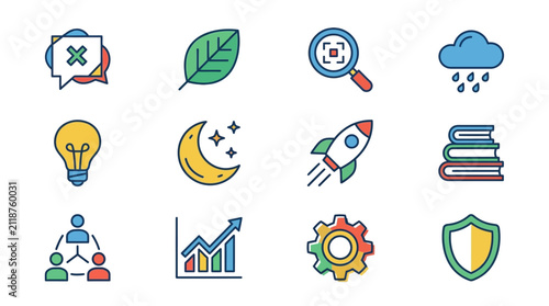 Professional Colorful Icons Set Featuring Communication Innovation Growth Security and Productivity Concepts in Flat Design