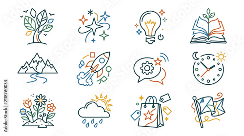Sleek Colorful Minimalist Line Icons Set Featuring Tree Stars Lightbulb Book Mountains Rocket Speech Bubble Clock Flowers Cloud Shopping Bag and Flag