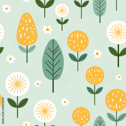 Scandinavian Botanical Flowers and Trees Seamless Spring Vector Pattern