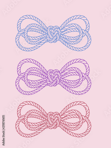 Three stylized lasso bows in blue, purple, and red on a pink area, perfect for decorative poster design, coquette aesthetic frames, or feminine themed projects.