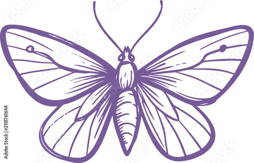 A purple butterfly or moth line art drawing isolated on a clean white space, ideal for springtime themes, nature-inspired designs, or creative graphic design elements.
