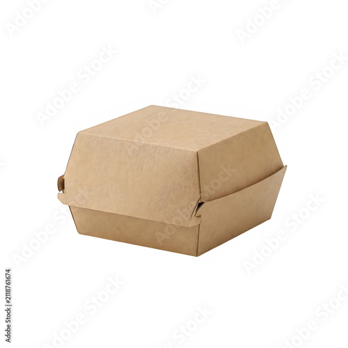 Closed brown cardboard burger box for takeaway food isolated on transparent background