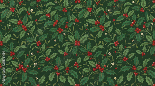 Seamless pattern with green holly leaves and red berries for winter holiday background